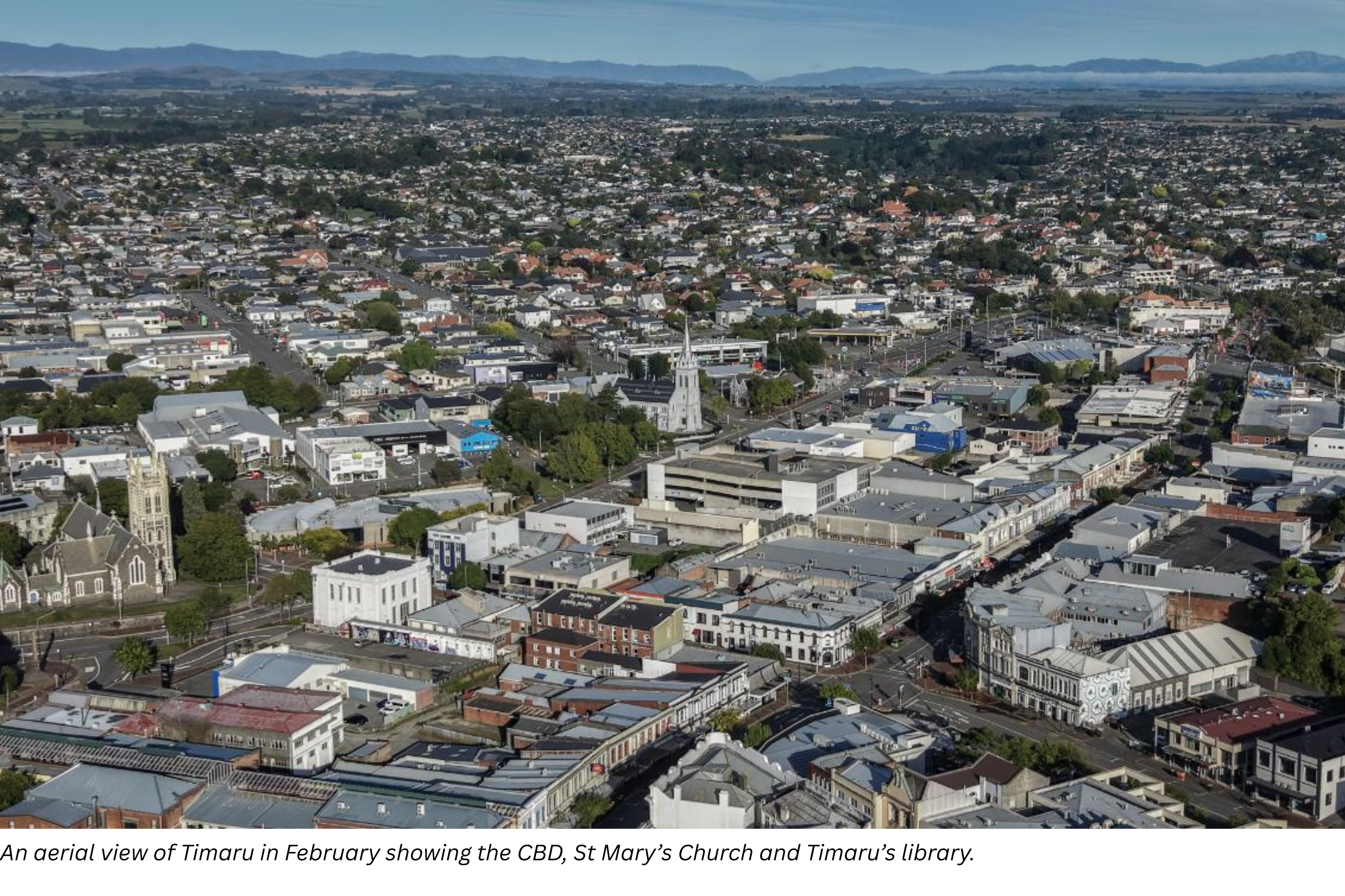 An aerial view of Timaru in February showing the CBD, St Mary&rsquo;s Church and Timaru&rsquo;s library.