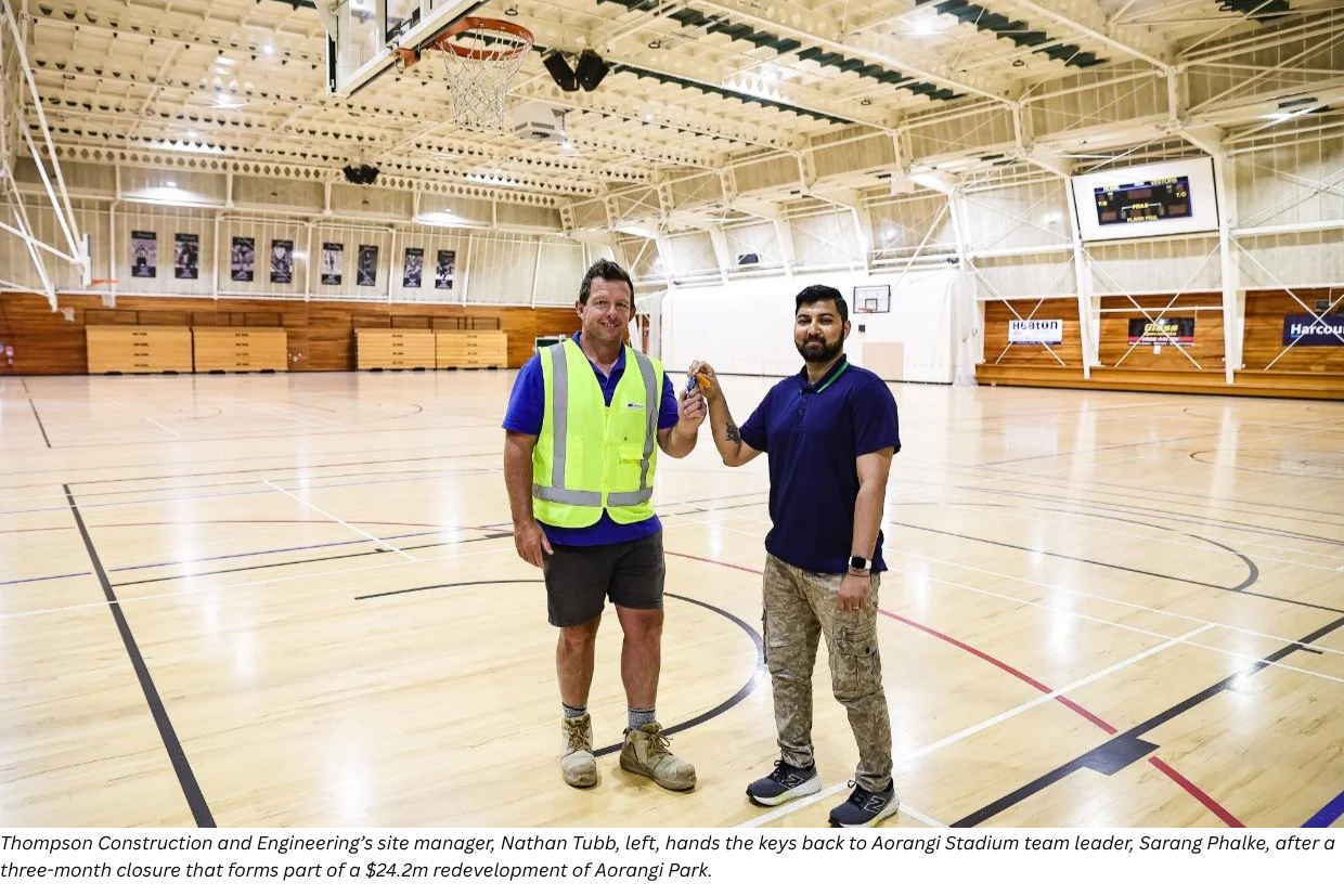 Thompson Construction and Engineering&rsquo;s site manager, Nathan Tubb, left, hands the keys back to Aorangi Stadium team leader, Sarang Phalke