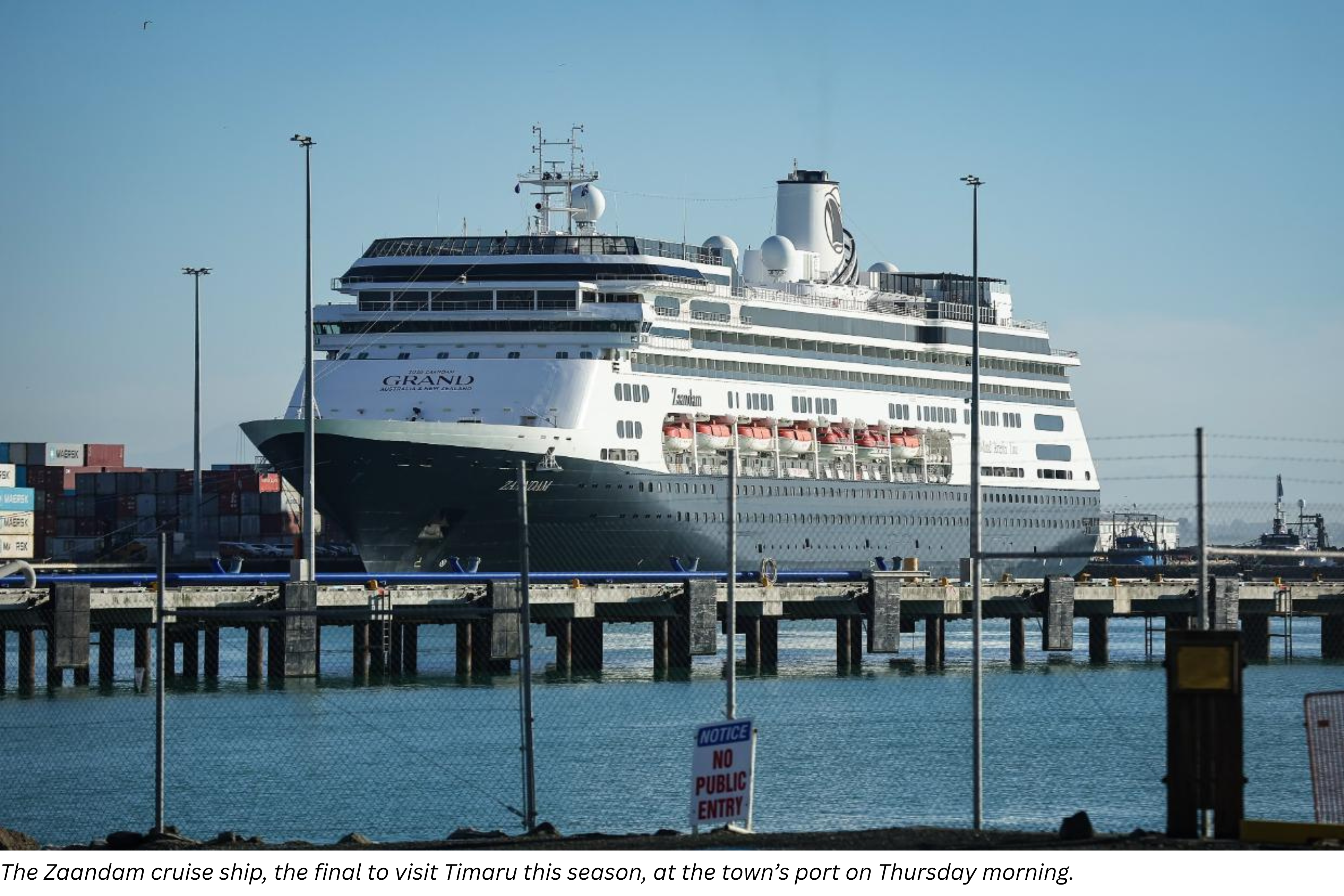 The Zaandam cruise ship, the final to visit Timaru this season, at the town&rsquo;s port